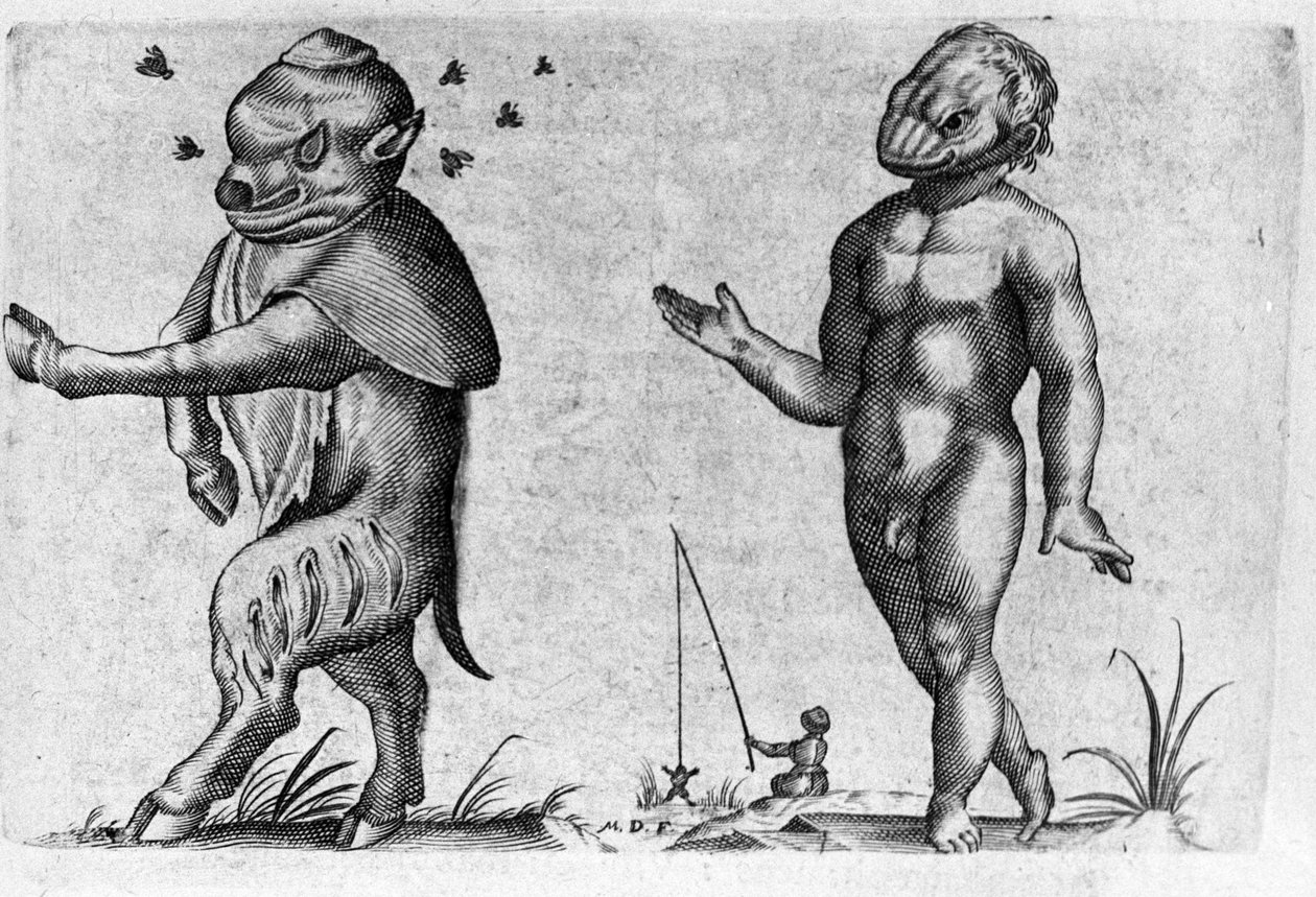 Różne rodzaje ludzkich potworów. Rycina z „Natury potworów, ich przyczyn i różnic” autorstwa włoskiego naukowca Fortunio Whilei (1577-1656). 1646 autorstwa Italian School