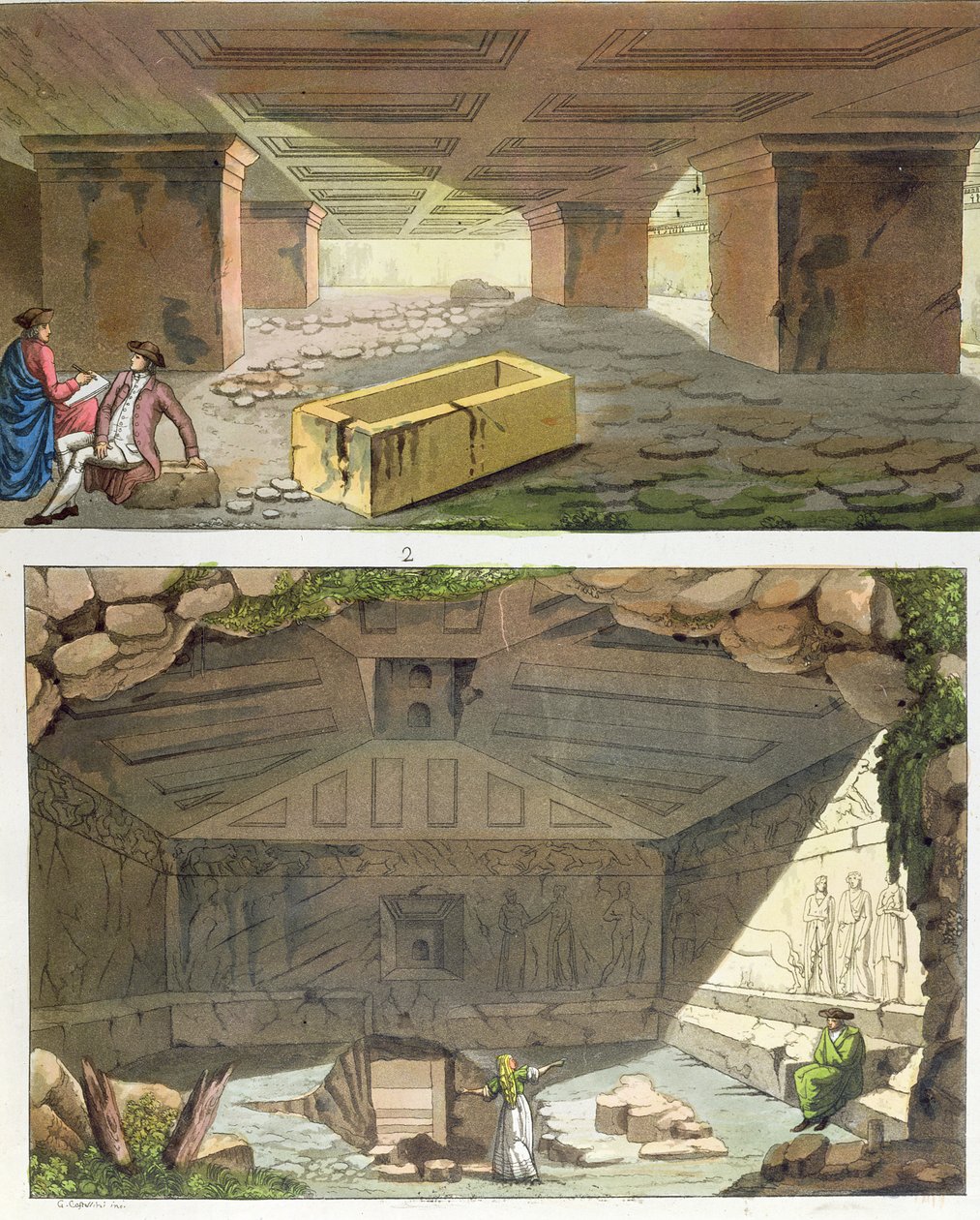 Odkrycie grobowców etruskich, ok.1820 (kolorowe grawerowanie) autorstwa Italian School