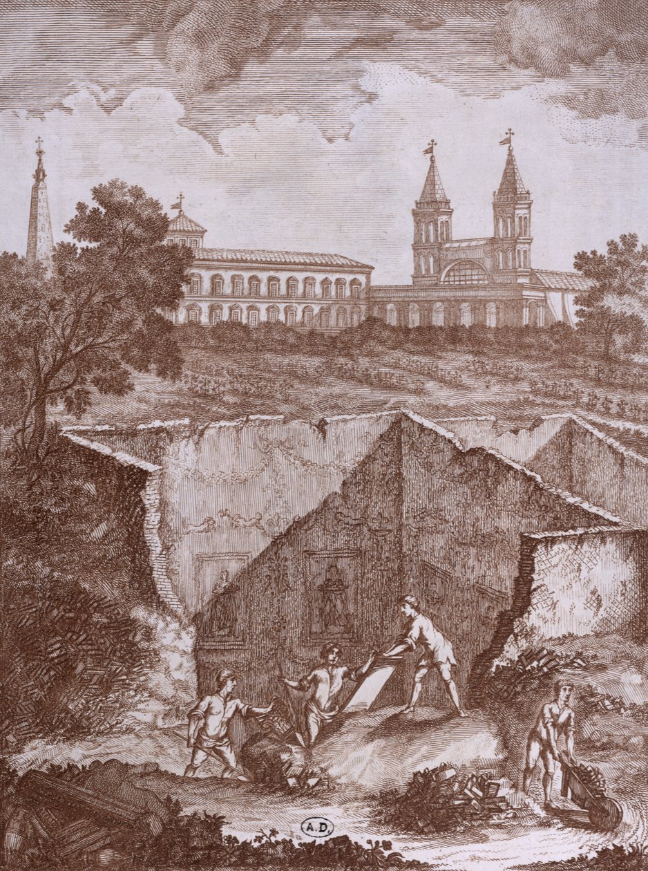 Odkrycie domu i fresków w Rzymie w 1780, ilustracja z Peintures antiques retrouvees lors dune fouille en 1780, opublikowana w Rzymie 1783 autorstwa Italian School