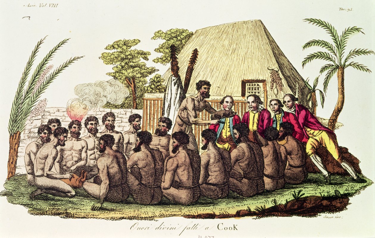 Boskie ofiary składane kapitanowi Cookowi (1728-79) na Wyspach Sandwich (kolorowy grawerunek) autorstwa Italian School