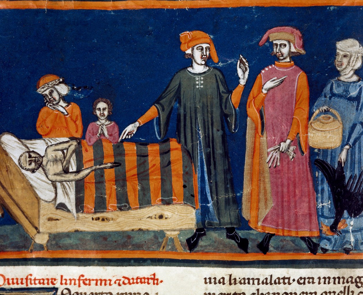 Doki przy łóżku chorej Miniatury szkoły florenckiej z rozszerzenia „Pater noster” Ser Zucchero Bencivenni (MS.II.VI 16) początek XIV wieku Florencja, biblioteka narodowa autorstwa Italian School