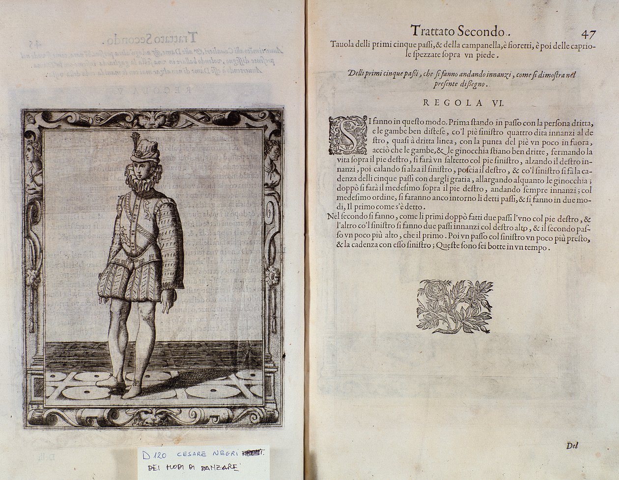 Podwójna strona Le Gratie dAmore (Le Grazie dAmore) włoskiego tancerza Cesare Negri pt. Il Trombone (1536-1604), traktat o tańcu autorstwa Italian School