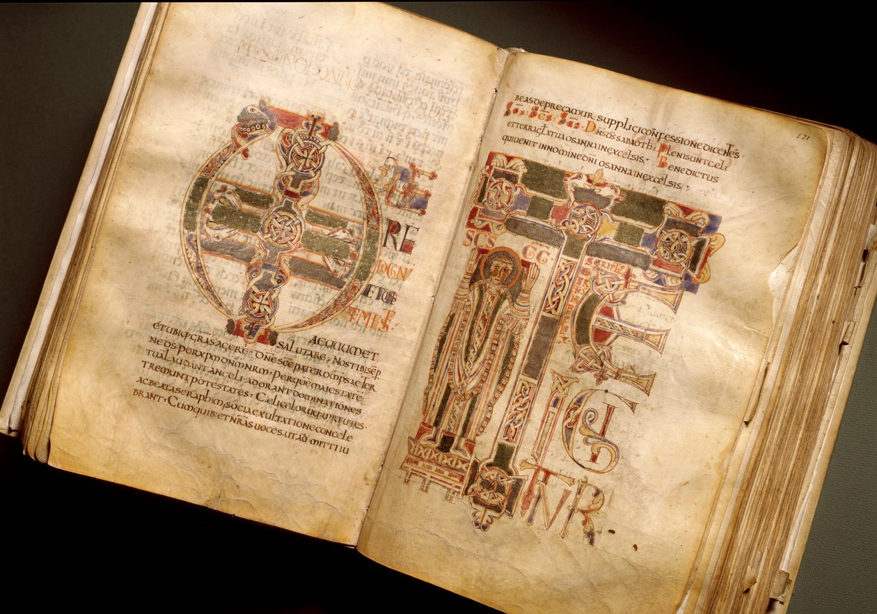 Podwójna strona rękopisu liturgicznego z XI wieku. (Ms.B 8, folii 170v. 171r.) Z Sant