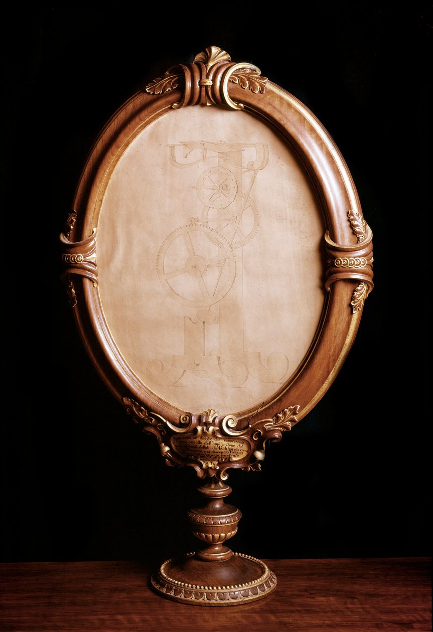 Rysunek wykorzystujący studium włoskiego astronoma i fizyka Galileo galilei dit Galilee (1564-1642) ruchu wahadła ważącego go do zegara i do pomiaru czasu. Kopia oryginalnego rysunku matematyka Vincenzo Vivia autorstwa Italian School
