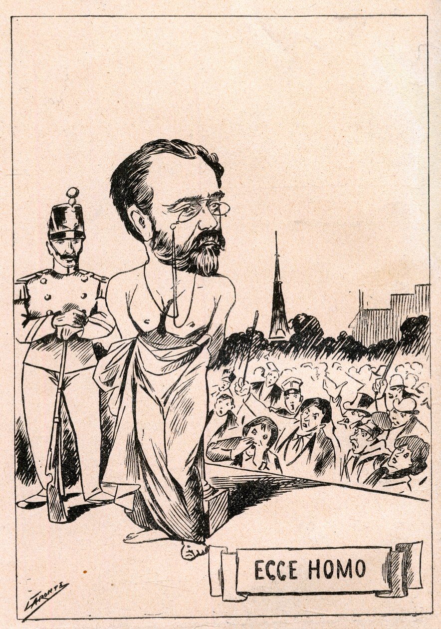 Sprawa Dreyfusa - Emile Zola - Ecce Homo - Un nouveau christ po 1897 roku - Rysunek opublikowany we włoskiej gazecie „Il Fischietto” w 1898 roku (reprodukowany w Le Rire autorstwa Italian School
