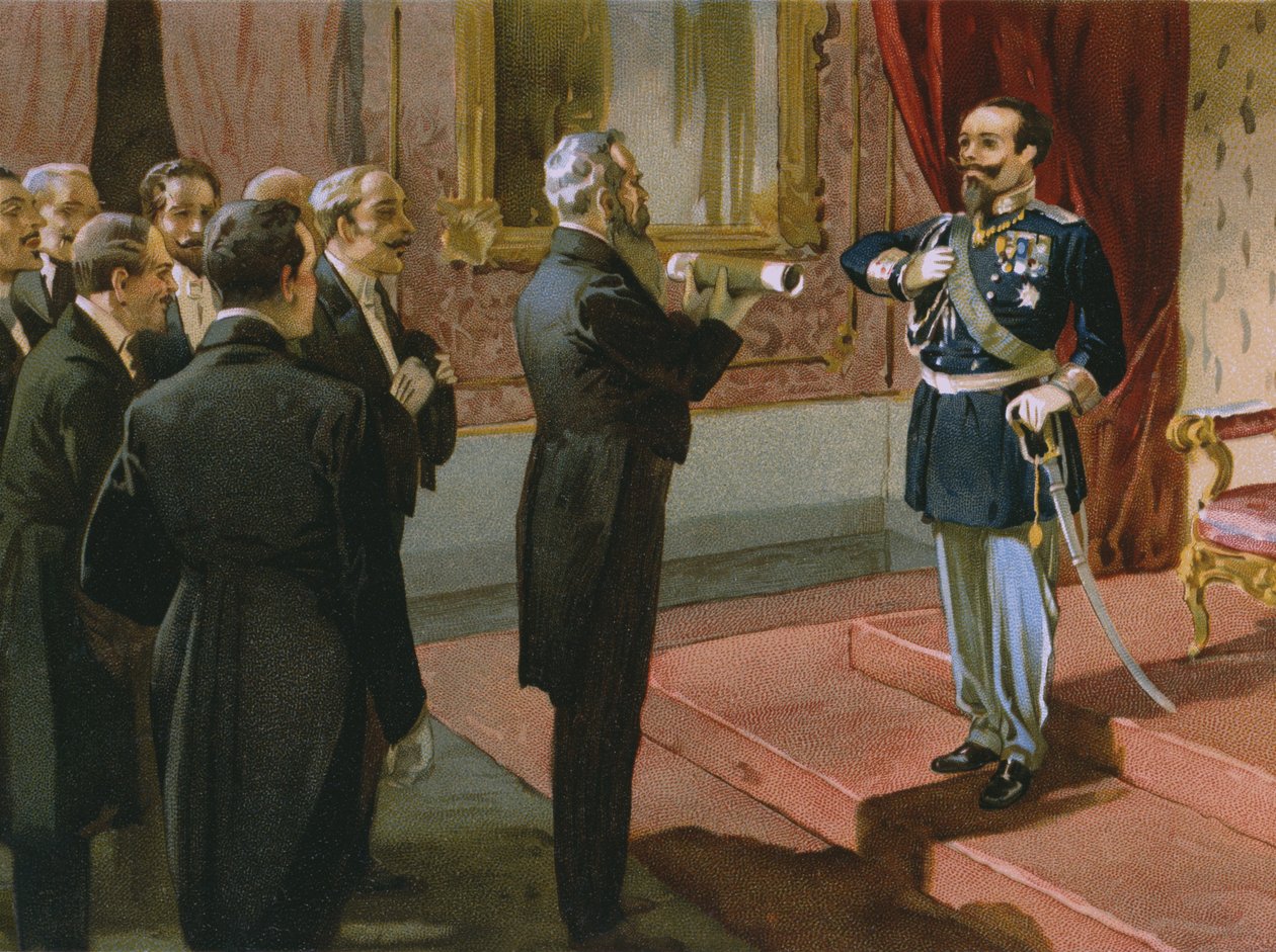 Książę Sermonety ofiarujący królowi Wiktorowi Emanuelowi II (1820-78) plebiscyt Rzymski w Palazzo Pitti, Florencja, 1870, ilustracja z albumu poświęconego historii Risorgimento wykonanego dla czekoladowego Talmu autorstwa Italian School