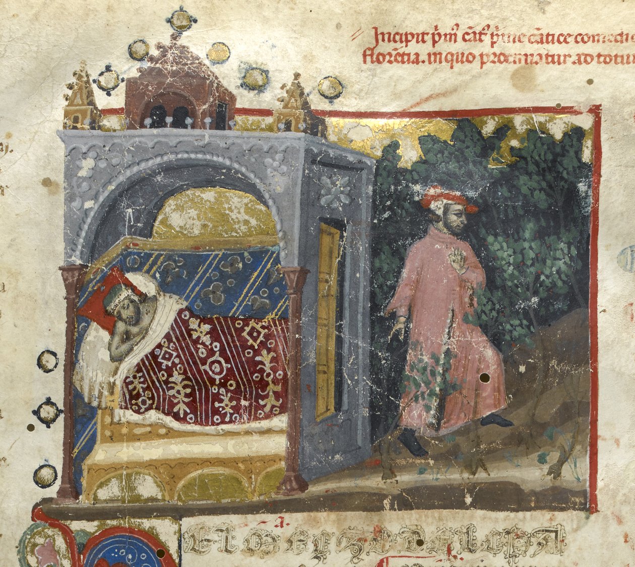 Egerton MS 943 f.3 Inferno: Sen Dantego i dusza opuszczająca jego ciało, z „Divina Commedia” (Boska komedia) Dantego Alghieri (tusz i kolor na welinie) autorstwa Italian School