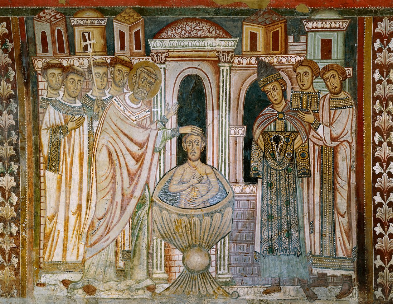 Cesarz Konstantyn, wyleczony z trądu, fragment „Legendy o Konstantynie i św. Sylwestrze” autorstwa Italian School