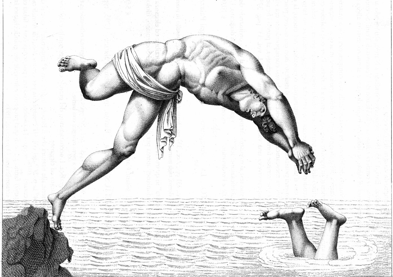 Grawer z 1794 r. w „”Pływający człowiek, czyli rozumna sztuka pływania”” Oronzio De Bernardi.Treats of Swimming. autorstwa Italian School