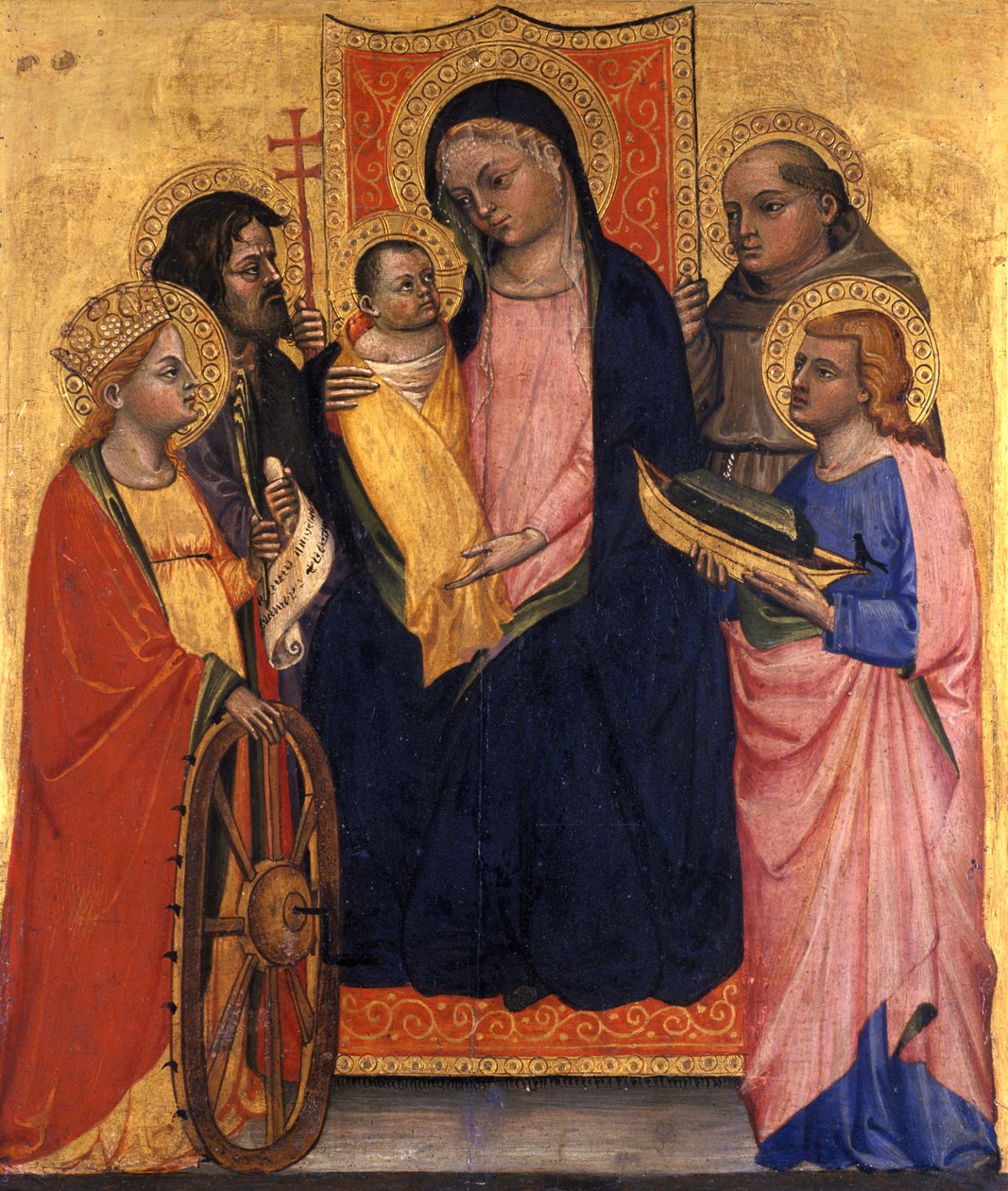 Madonna z Dzieciątkiem na tronie z czterema świętymi, ok. 1400 (tempera na drewnie topoli) autorstwa Italian School