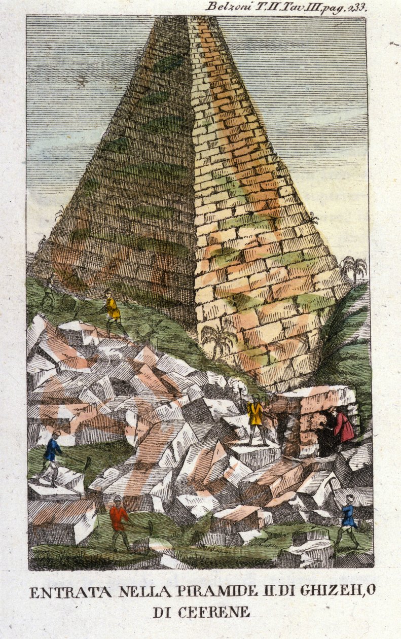 Wejście Belzoni do piramidy Guizeh (Guiseh, Giza, Giza) lub Chephren (Stare Cesarstwo). Giovanni Battista (Gianbattista) Belzoni (1778-1823), włoski odkrywca i archeolog, dokonał ważnych odkryć archeologicznych w Egipcie. Grawerowanie - w „” autorstwa Italian School
