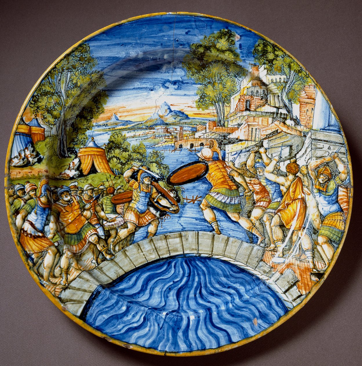 Odcinek obrony mostu Sublicius przez legendarnego rzymskiego bohatera Horatiusa Coclesa podczas walki z etruską płytą ceramiczną produkowaną w Urbino w warsztacie Fontana we Włoszech. 1560 wokół Florencji, Museo Nazionale del Bargello autorstwa Italian School
