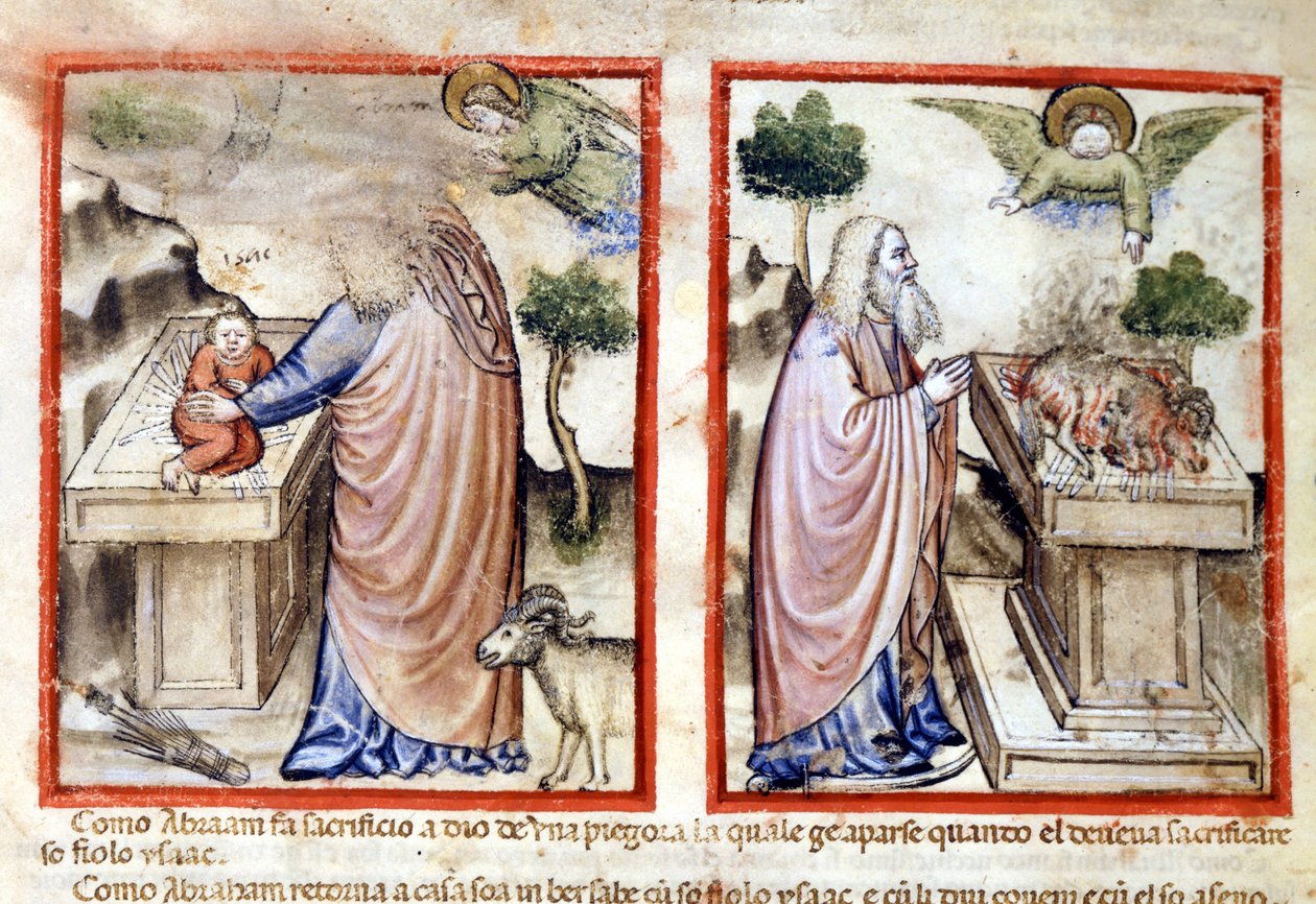 Epizod ofiarowania Izaaka przez Abrahama. Miniatura z Kodeksu 212 (lub Kodeksu Padewskiego lub Biblii Padwy) 1390-1400 Rovigo, Accademia dei Concordi autorstwa Italian School
