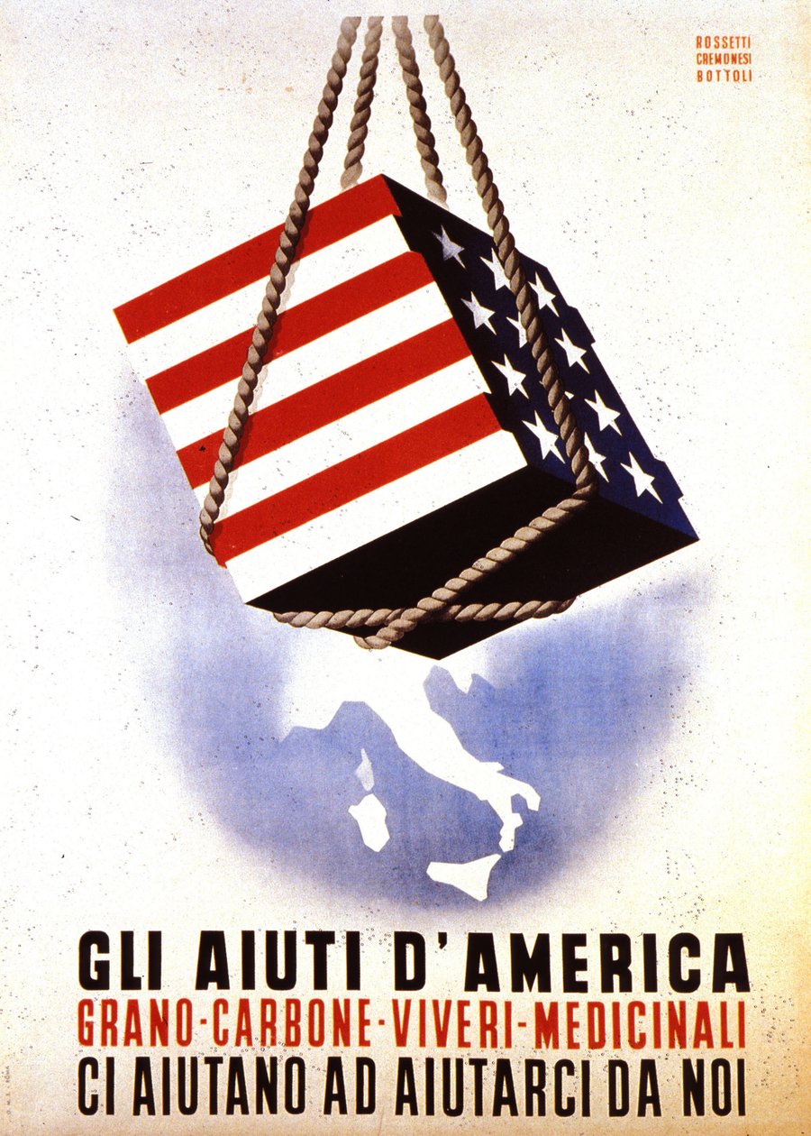Europejski Program Odbudowy (ERP) (1948-1952): "Amerykańska pomoc w odbudowie Europy". Plakat Rossetti - Cremonesi - Bottoli z 1948 r. (plakat) autorstwa Italian School