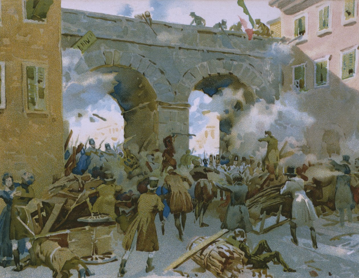 Wydarzenia od 18 do 22 marca 1848, Mediolan przegania Austriaków, ilustracja z albumu poświęconego historii Risorgimento wykonanego dla czekoladowego Talmone, koniec XIX wieku autorstwa Italian School