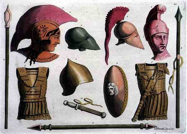 Przykłady Etruscan Arms and Armour, z „Costumi dei Romani”, rytowane przez D. K. Bonattiego, ok. 1805-20 (akwatinta) autorstwa Italian School