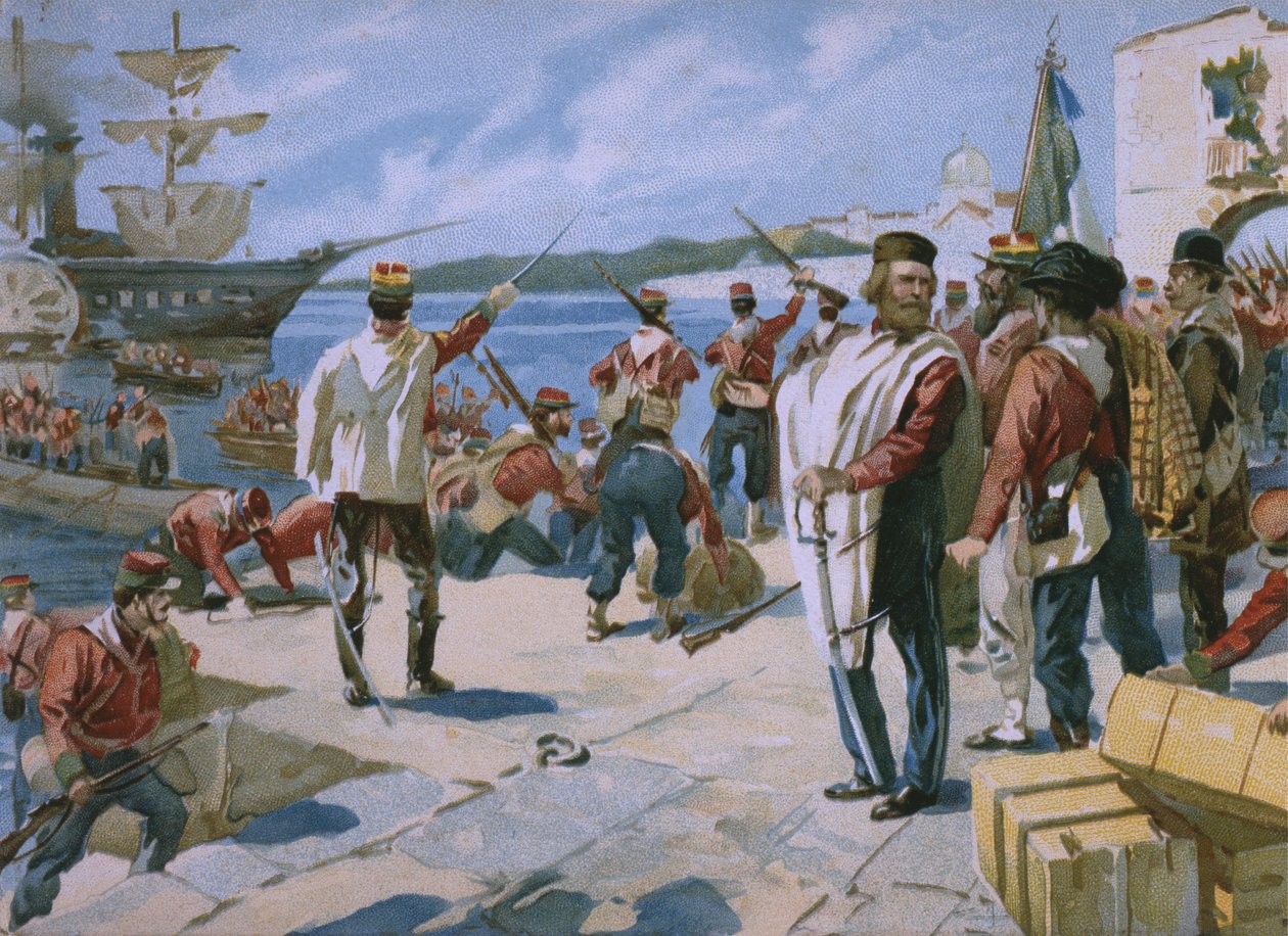 Wyprawa Tysiąca pod dowództwem Giuseppe Garibaldiego, lądowanie w Marsali na Sycylii, 1860, ilustracja z albumu poświęconego historii Risorgimento wykonanego dla czekoladowego Talmone, późn. autorstwa Italian School
