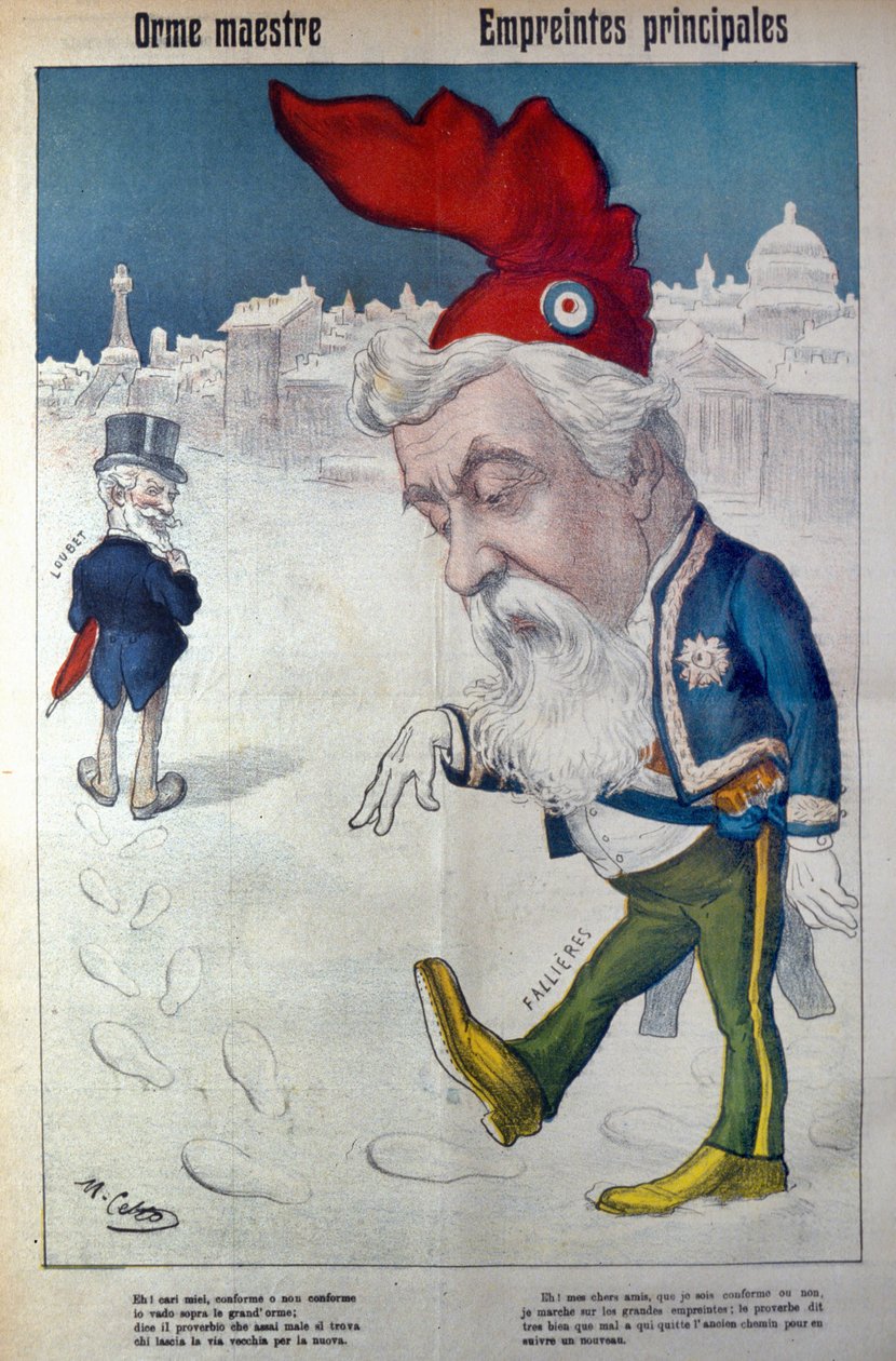 Fallière idzie śladami Loubeta z filmu "La Rana", ok. 1910 (grafika) autorstwa Italian School