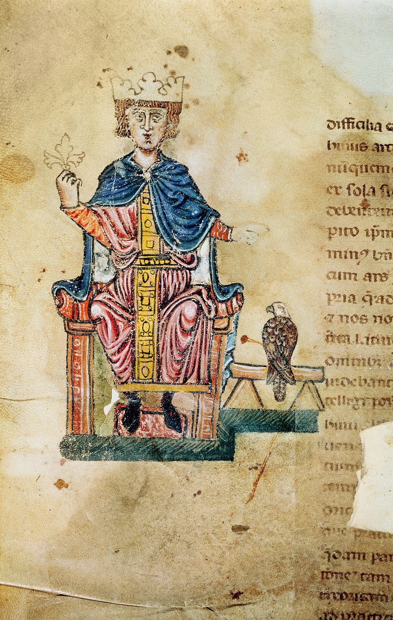 Federico II Svevia, ilustracja z Sztuka polowania z ptakami, ok. 1220-50 autorstwa Italian School