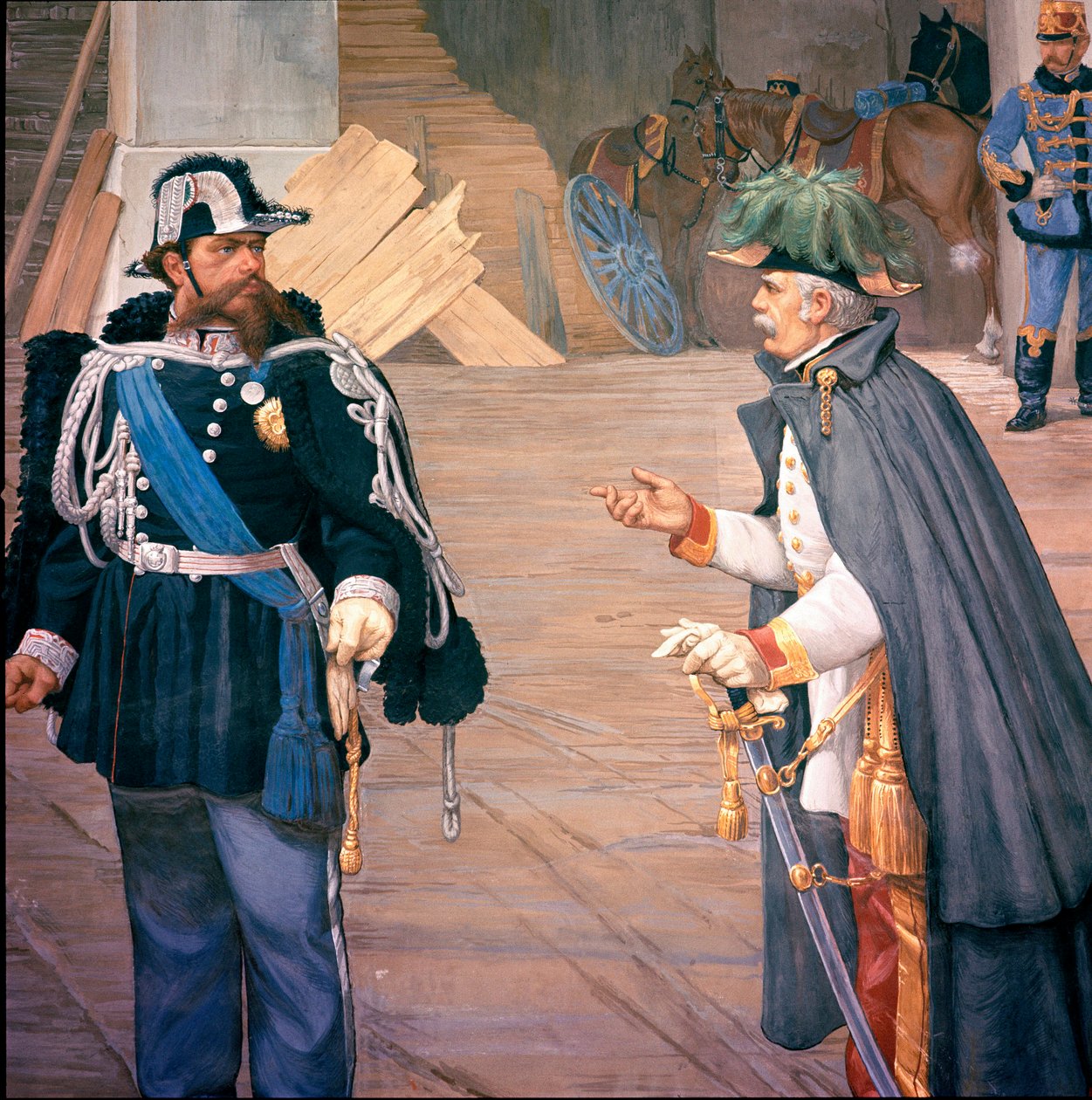 Pierwsza włoska wojna o niepodległość: „” Bitwa pod Novara (Novara) w dniu 13.09.1849”” Zwana także bitwą pod Bicoque. Vittorio Emanuele (Victor Emmanuel) (Victor-Emmanuel) II (1820-1870) i Joseph Radetzky (1766-1858) po bitwie. Szczegół fresku autorstwa Italian School
