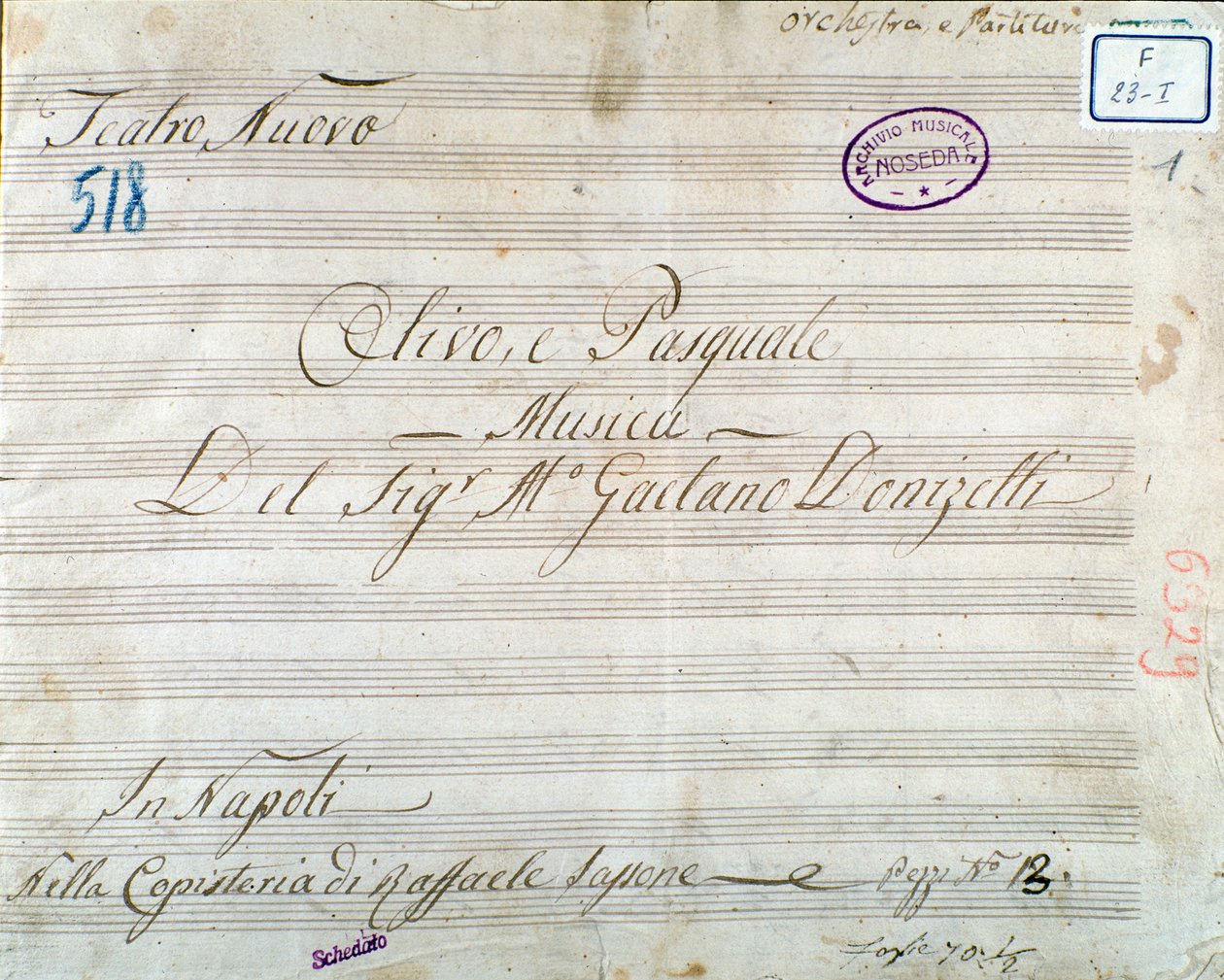 Pierwsza strona partytury z opery „Olivo e Pasquale” Gaetano Donizettiego (tusz na papierze) autorstwa Italian School