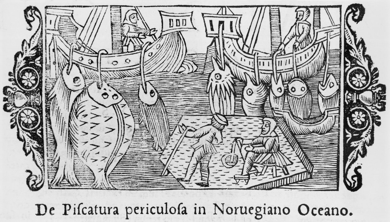 Łowienie ryb w Oceanie Norweskim, ilustracja z Historii Narodów Północy autorstwa Olausa Magnusa (1490-1558), opublikowana w Rzymie, 1555 autorstwa Italian School
