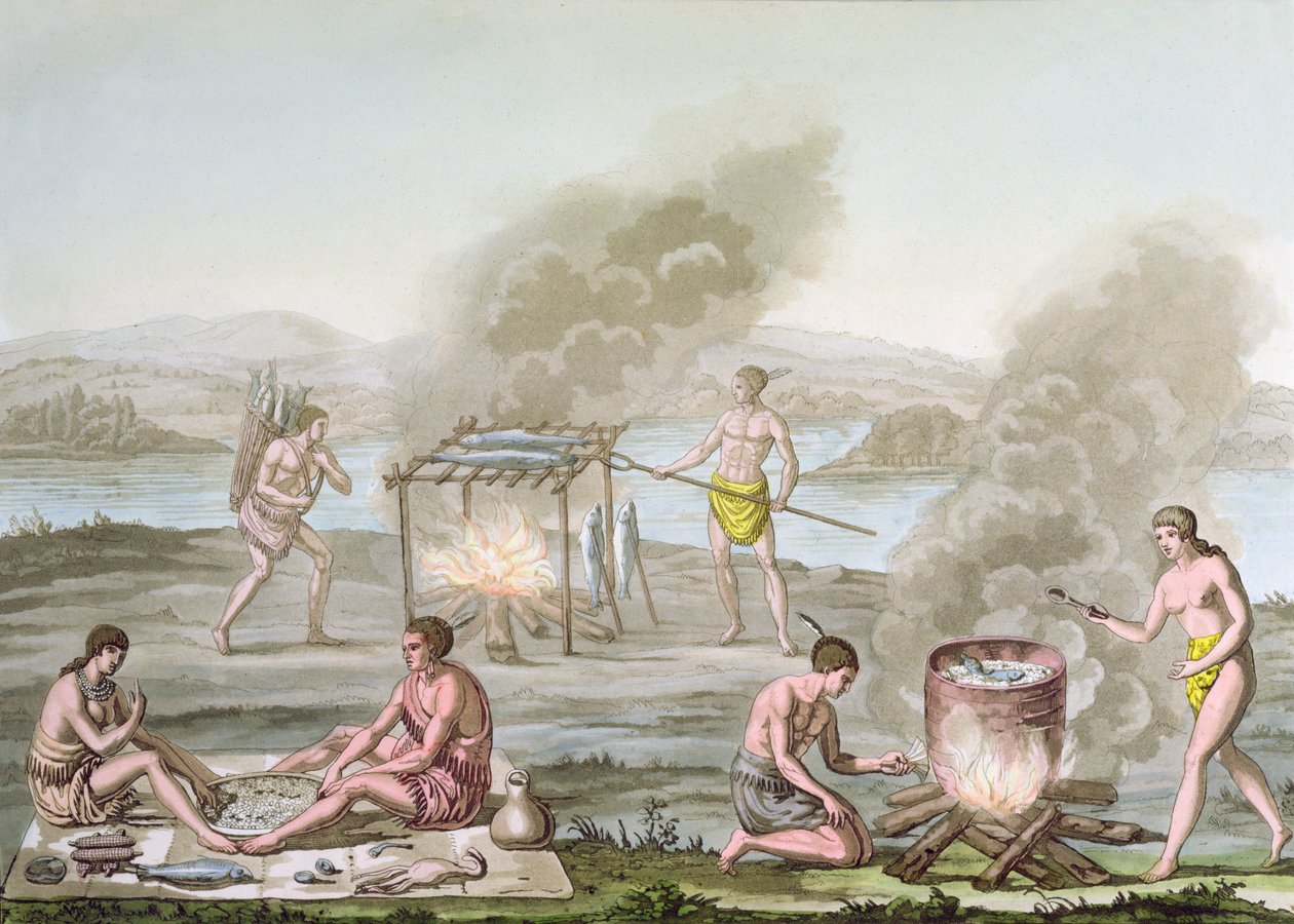Indianie z Florydy przygotowujący i gotujący jedzenie, ok. 1820 r autorstwa Italian School