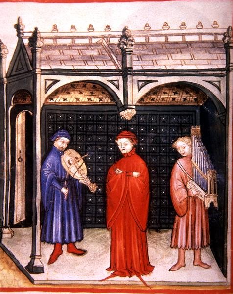 Fol.103v Śpiewak przy akompaniamencie organów i instrumentu strunowego, ilustracja z „Tacuinum Santiatis Codex Vindobonensis” (welin) autorstwa Italian School