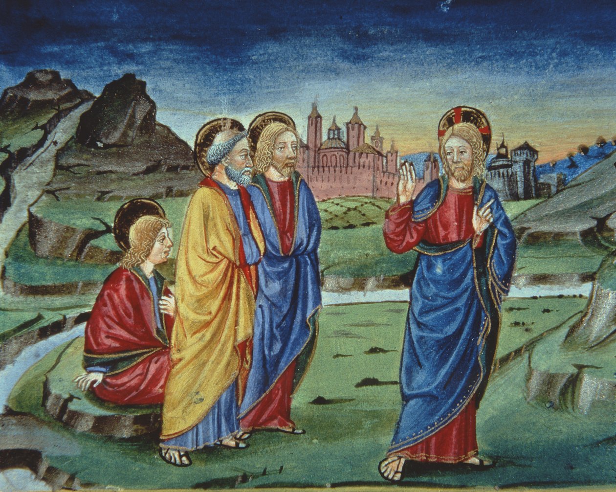 Fol.103v Po przemienieniu Chrystus mówi apostołom, aby nie ujawniali tego aż do czasu Zmartwychwstania (welum) (szczegół) autorstwa Italian School