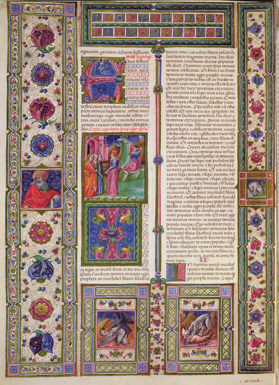 Fol.103v Księga proroka Aggeusza (proroka, który w VI wieku pne pomagał Żydom w odbudowie świątyni), z Biblii Borso d