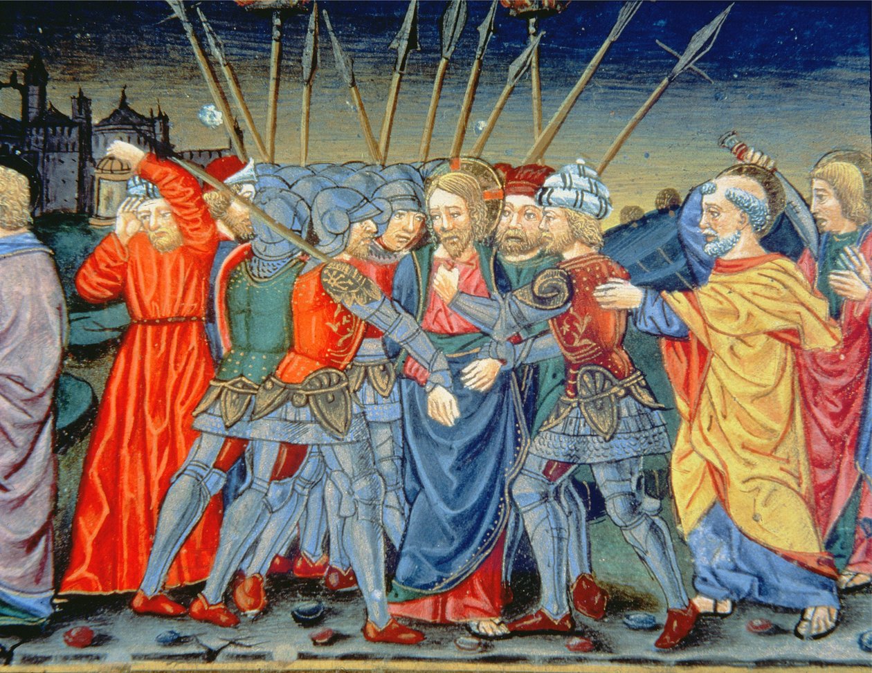 Fol.105v Szymon Piotr broni Chrystusa i rani żołnierza mieczem (welum) autorstwa Italian School