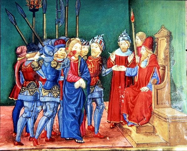 Fol.106v Chrystus prowadzony jako więzień przed Anas, arcykapłan (wellum) autorstwa Italian School