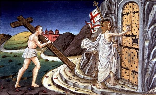 Fol.125va Po śmierci Chrystus zwraca się, by dusze sprawiedliwych prowadzić do Raju (welum) autorstwa Italian School