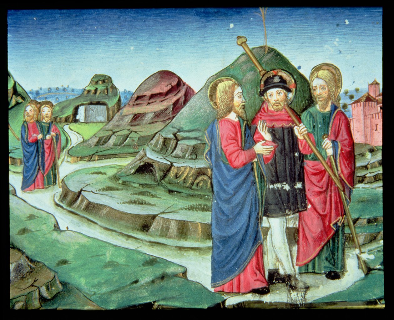 Fol.130v Chrystus towarzyszy dwóm uczniom do Emaus, nie zdając sobie sprawy, że to On (welum) autorstwa Italian School