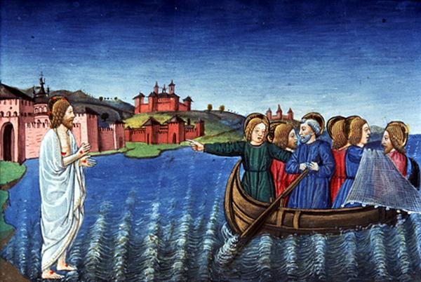 Fol.134r Uczniowie łowią ryby w Jeziorze Galilejskim (welum) autorstwa Italian School