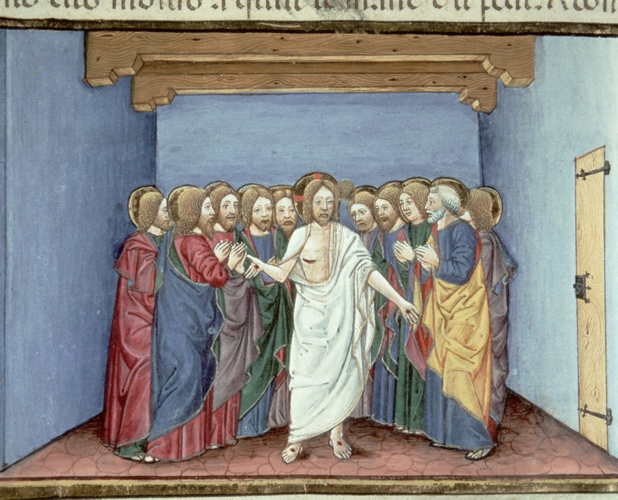 Fol.135v Jezus ukazuje się uczniom zgromadzonym pod jednym dachem ze strachu przed sędziami (welum) autorstwa Italian School