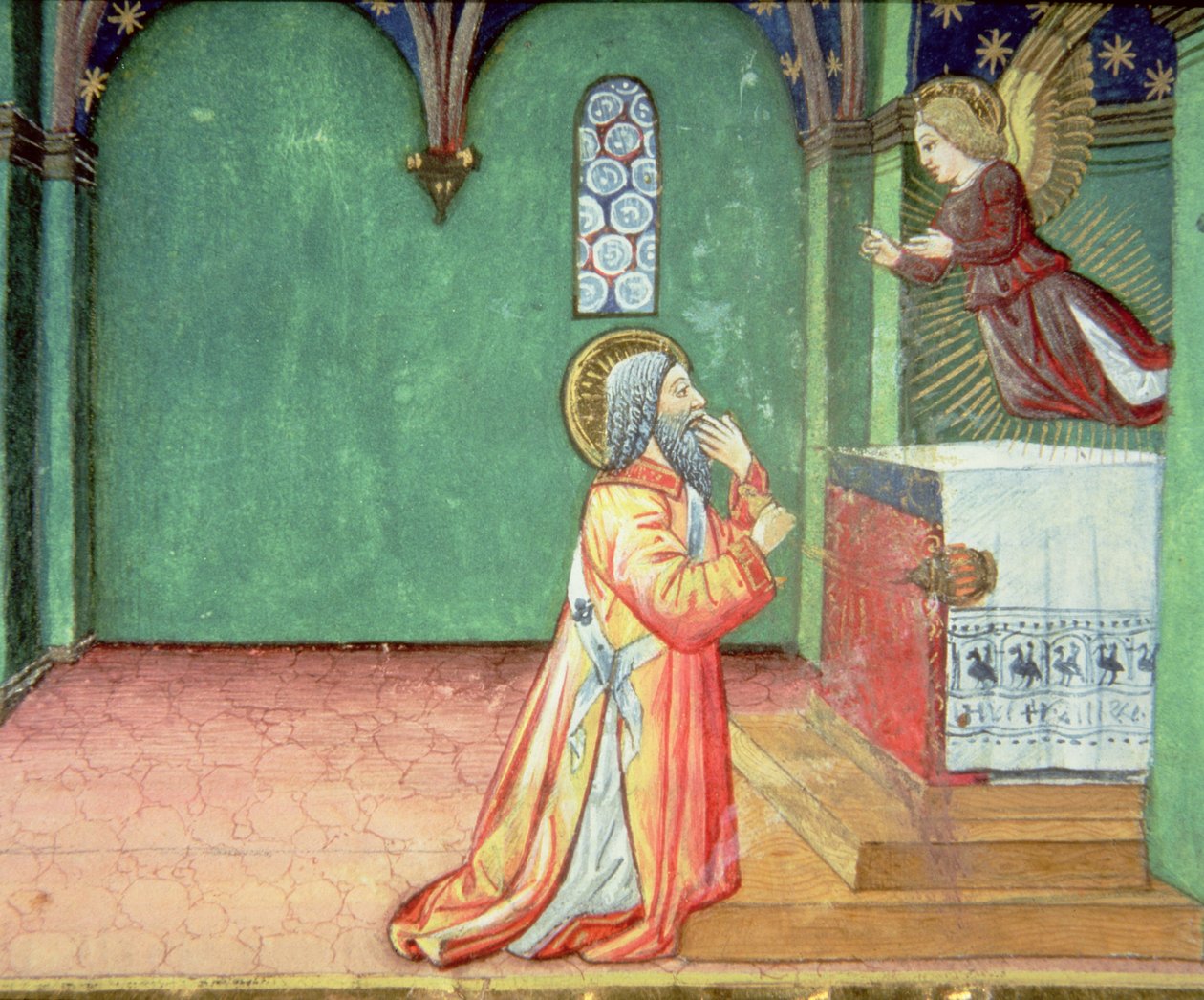 Fol.142r Anioł ukazuje się Zachariaszowi w świątyni (welum) autorstwa Italian School