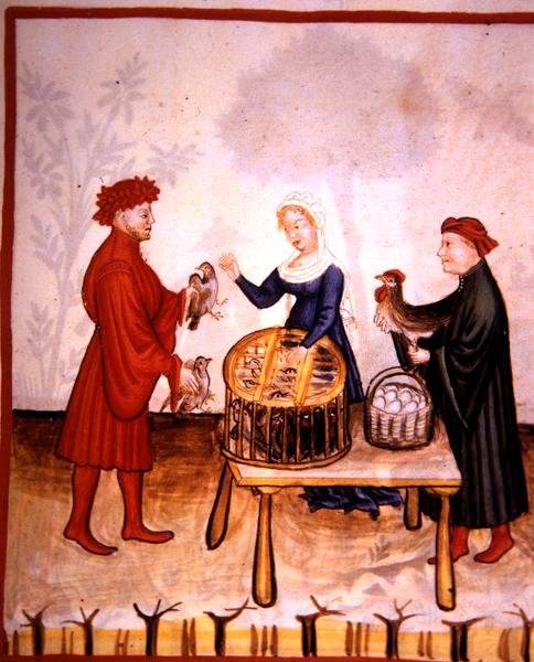 Fol.67r Sprzedaż młodych gołębi, ilustracja z „Tacuinum Santiatis Codex Vindobonensis” (welin) autorstwa Italian School