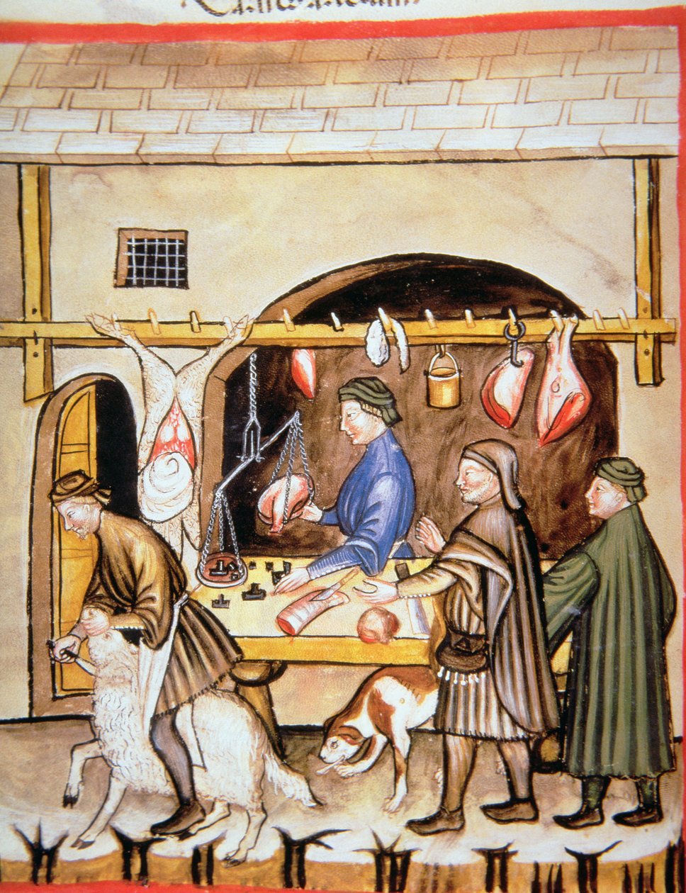 Fol.72v Rzeźnicy: sprzedaż baraniny, ilustracja z Tacuinum Sanitatis autorstwa Italian School