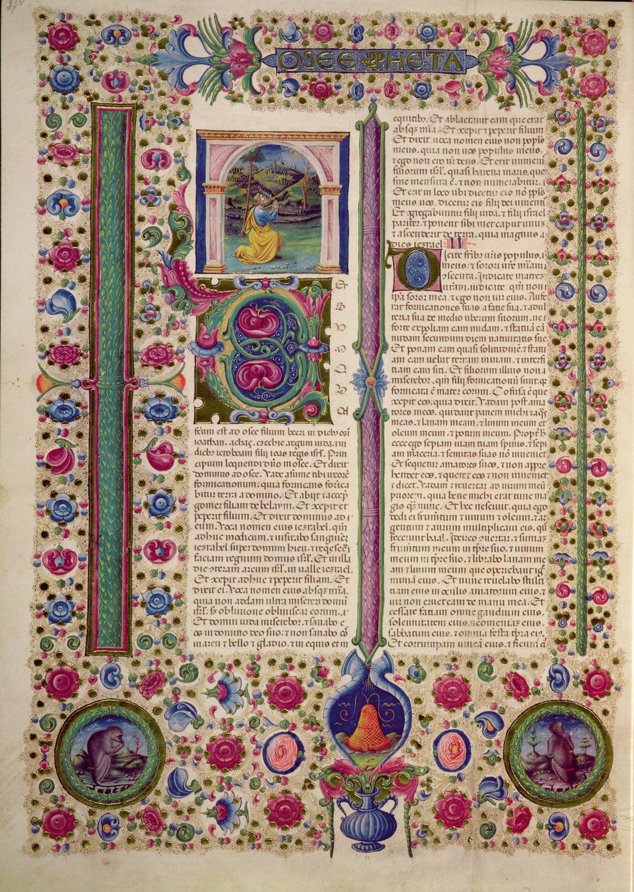 Fol.87v Otwarcie Księgi Proroka Ozeasza (mniejszego proroka, który wygłasza kazania przeciwko bałwochwalczym Żydom), z Biblii Borso d