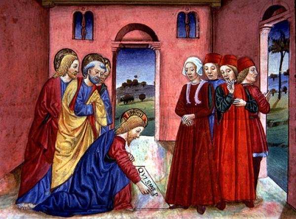 Fol.89r Chrystus pisze na posadzce świątyni „kto jest bez grzechu pierwszy rzuci kamień” (wellum) autorstwa Italian School