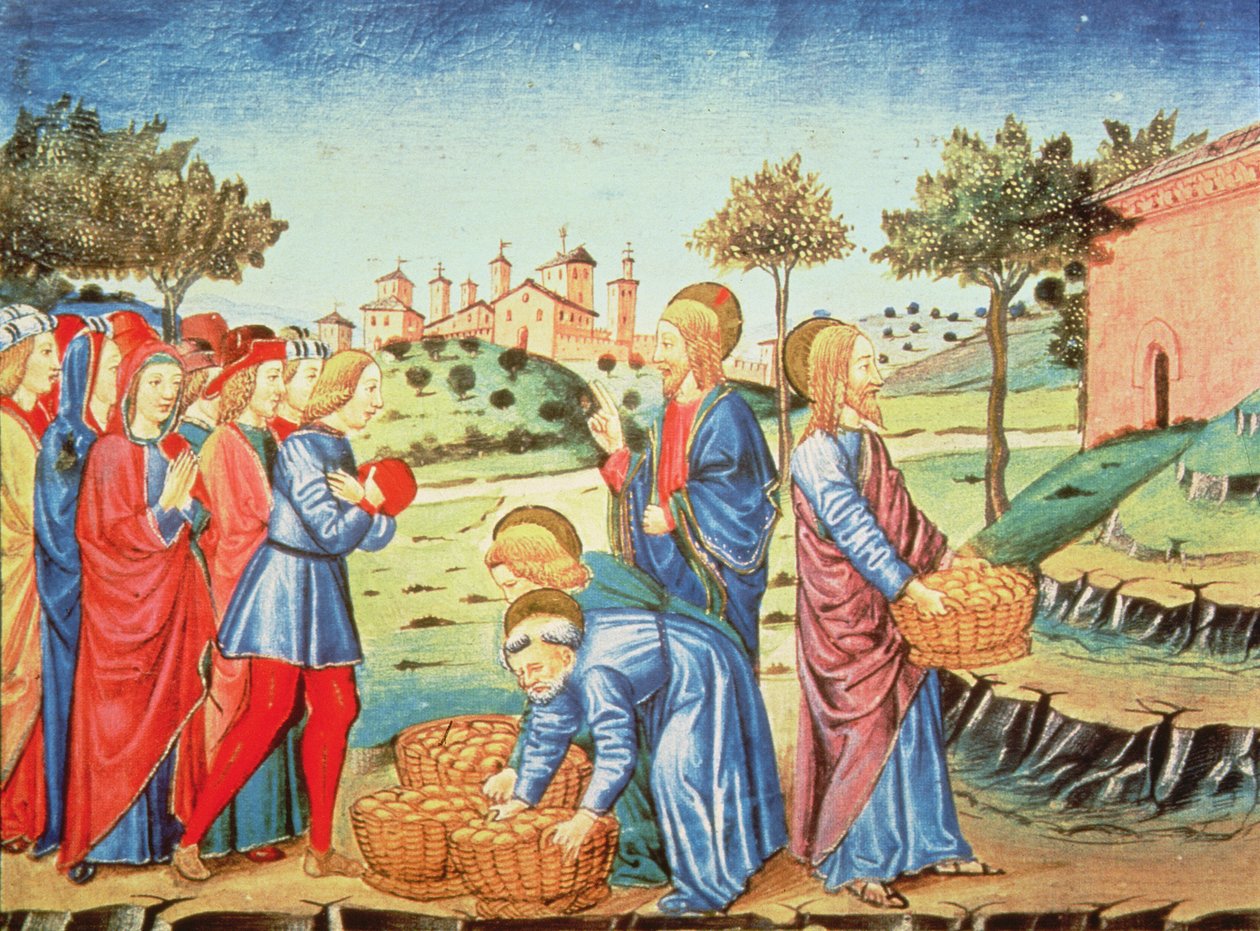 Fol.90v Chrystus i cud pięciu chlebów i dwóch ryb (welum) autorstwa Italian School