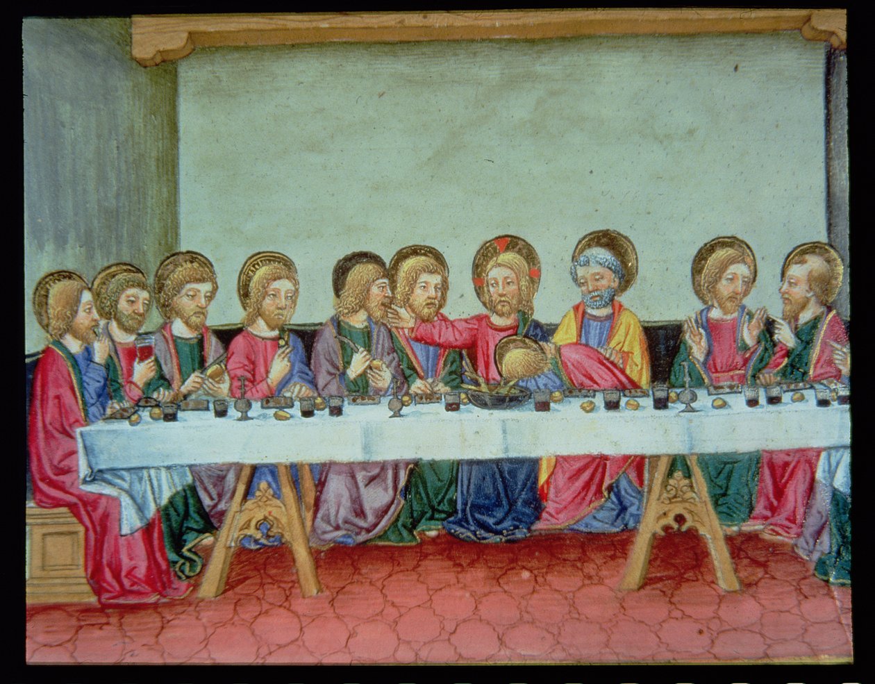 Fol.99v Podczas Ostatniej Wieczerzy Chrystus zapowiada, że zdradzi Go jeden z apostołów (welum) autorstwa Italian School