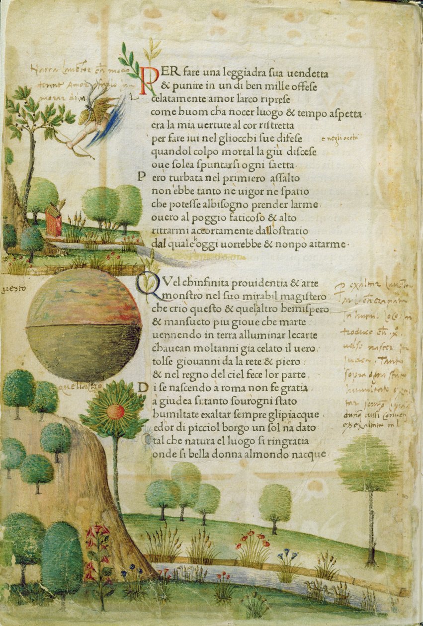 Fol. 1v, „Aby zemścić się z wdziękiem”, z „Canzoniere e Trionfi” Petrarki, ok. 1470 autorstwa Italian School