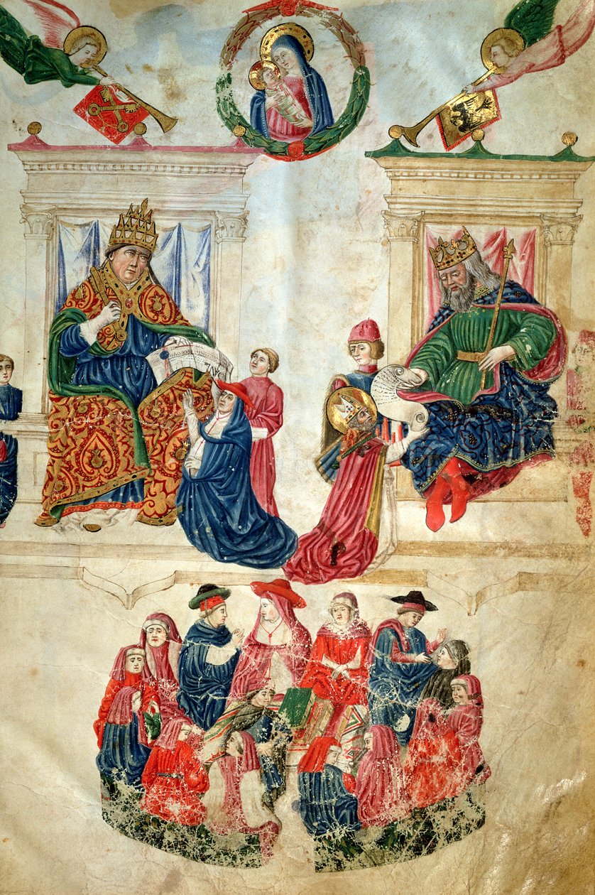 Założenie Uniwersytetu Bolońskiego przez cesarza Teodozjusza II (408-450) oraz przywileje nadane przez papieża Pawła II (1417-71) (welum) autorstwa Italian School