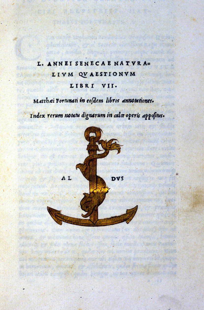 Frontyspicjum "Pytania naturalne Księga VII" lub "Pytania naturalne Księga VII" Seneque filozofa lub Lucjusza Annaeusa Seneki (2 pne - 65 ne). JC), wydrukowana w 1503 r. przez Aldo Manuzio (Alde Manonce) (1450-1515), weneckiego uczonego i drukarza. autorstwa Italian School