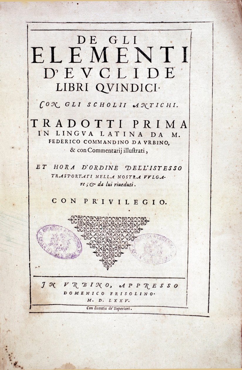 Frontyspicjum tomu XV „Żywioły” greckiego matematyka Euklidesa (III w. p.n.e.) autorstwa Italian School
