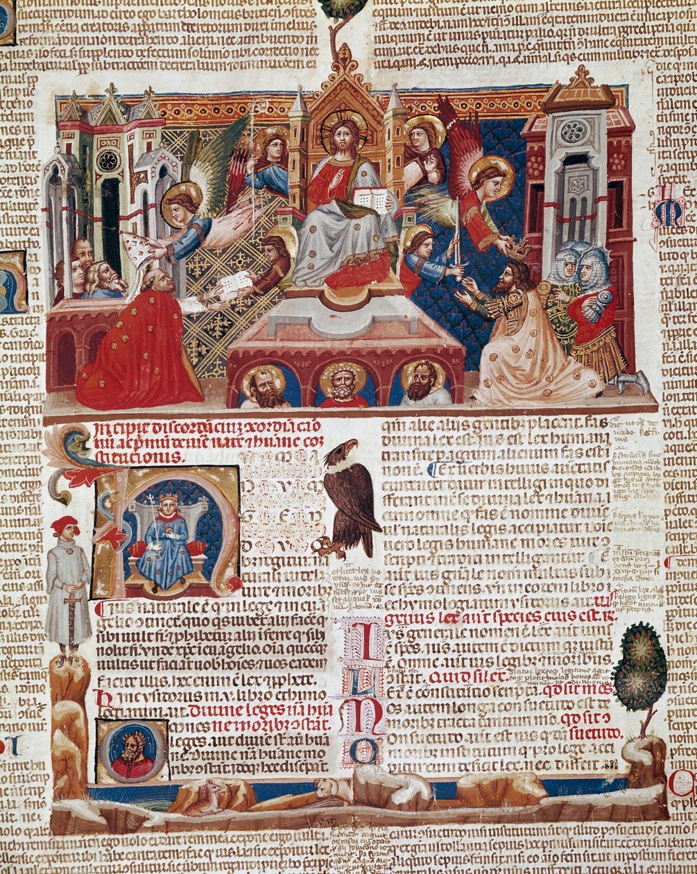 Strona frontispijska rękopisu „Decret de Gratien” („Concordia discordantiorum canonum” lub „Decretum Gratiani”) z 1140 r. i regulującego prawa i kanony Kościoła rzymskokatolickiego. Siena z XIV wieku, Biblioteca degli Intronati autorstwa Italian School