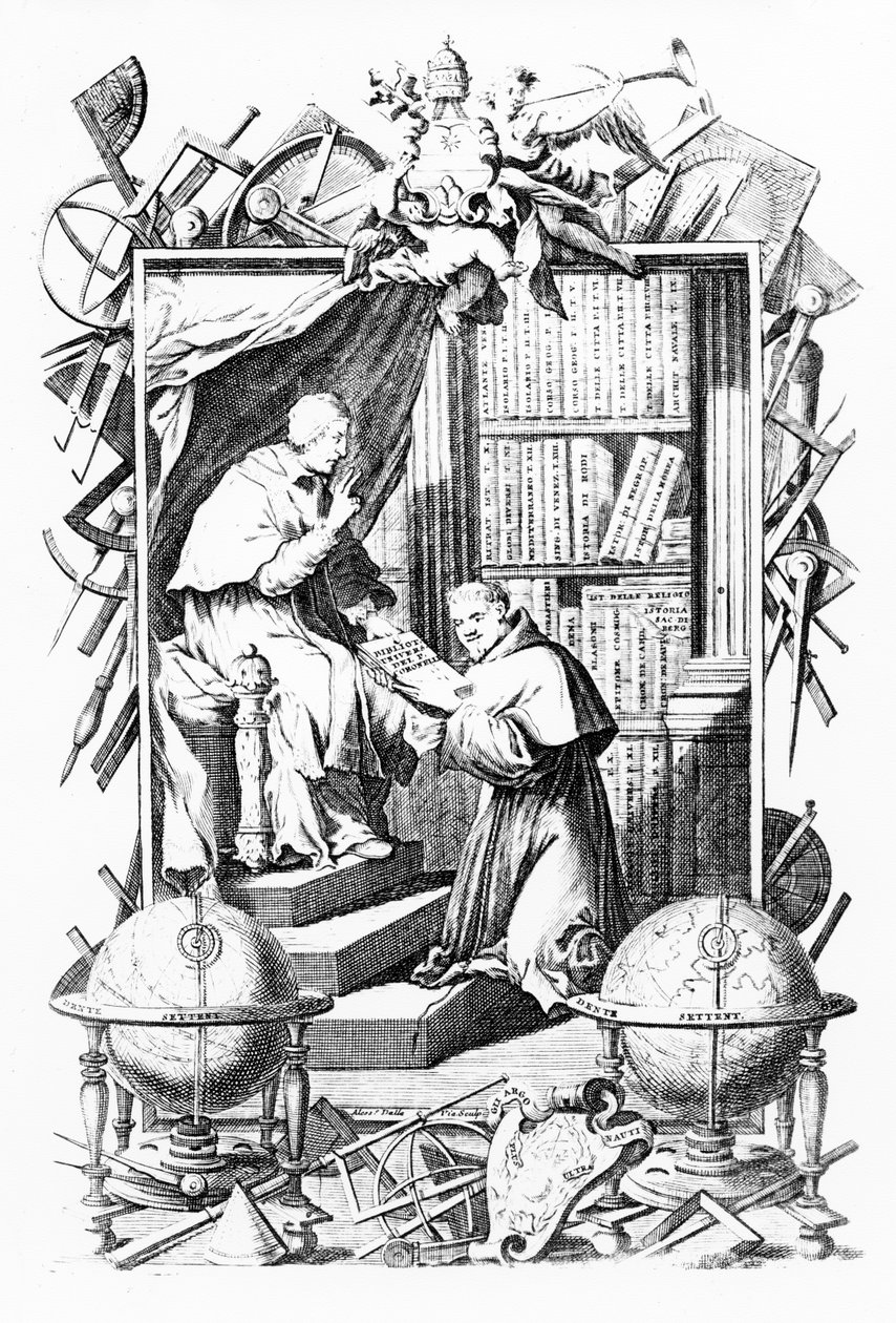 Frontyspis do Sacred-Profane Universal Library, t. 1 Vincenzo Coronelli, grafika wykonana przez Alessandro dalla Via, wydana 1701 autorstwa Italian School
