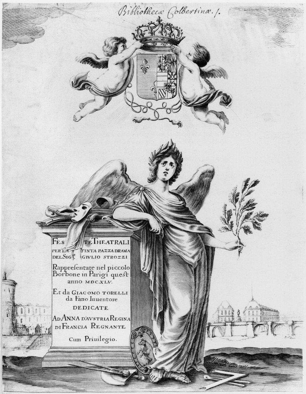 Frontyspis do Feste theatrali per la Finta Pazza wystawiony w 1645 w Theatre Petit Bourbon w Paryżu autorstwa Italian School